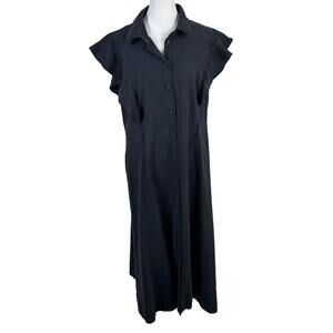 Calvin Klein Flutter Sleeve Navy Blue Sheath Dress Buttons 12 Collared Business